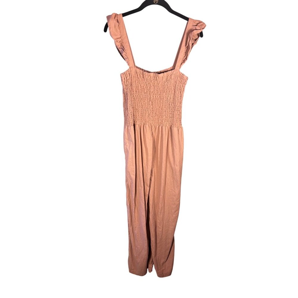 Sass Womens 12 Tan Smocked Jumpsuit Ruffle Straps Linen Blend Comfort Beachy - Picture 2 of 11